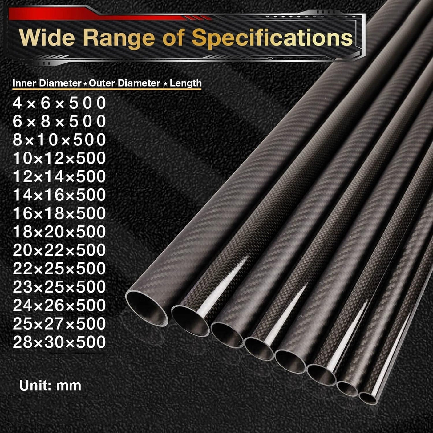 30mm O.D. 28mm I.D. 30x28x500mm 30mm 3K Roll Wrapped 100% Pure Round Carbon Tubes (2 PCS)