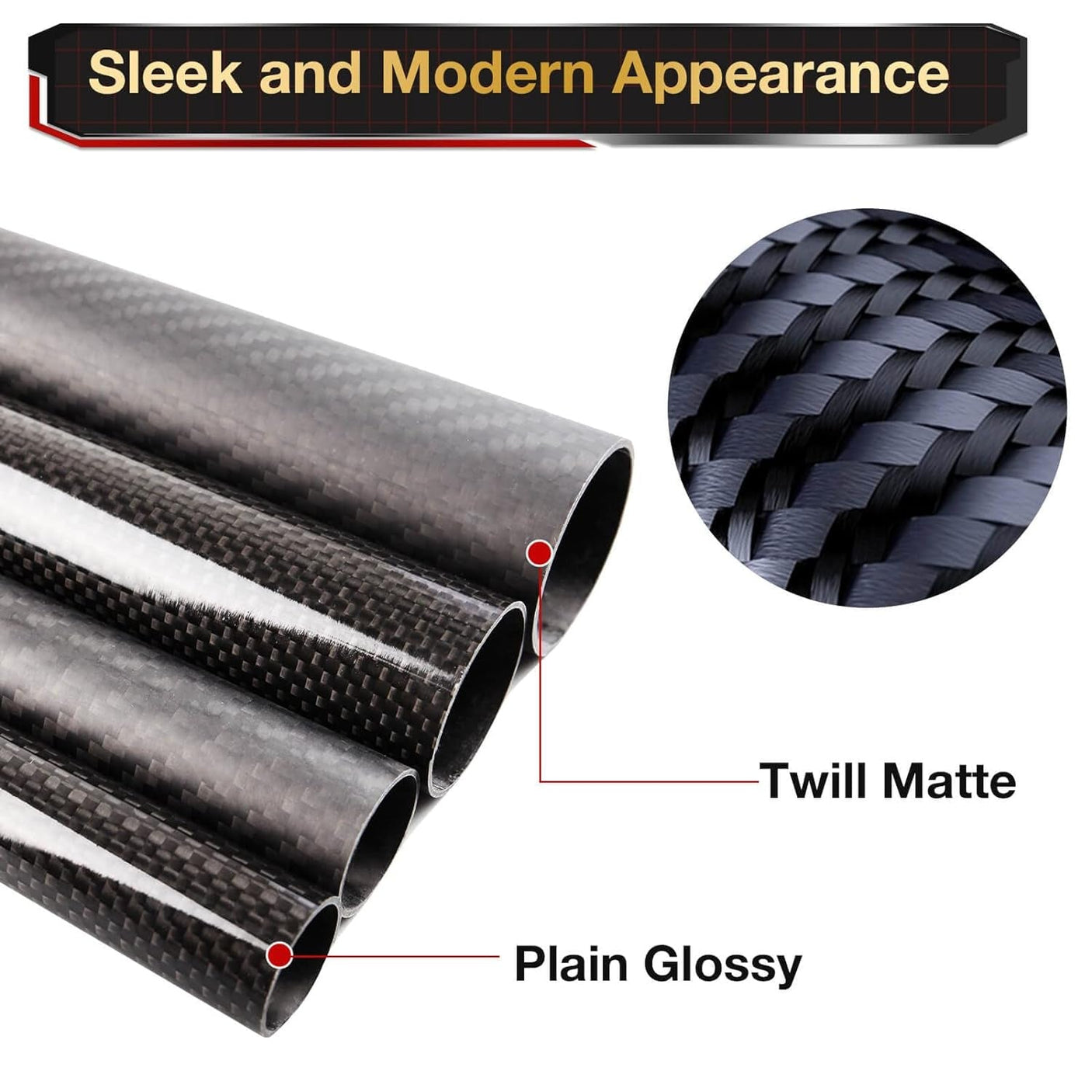 36mm O.D. 34mm I.D. 36x34x500mm 36mm 3K Roll Wrapped 100% Pure Round Carbon Tubes (2 PCS)