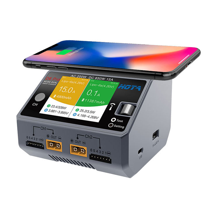 HOTA D6 Pro AC200W DC650W 15A Dual Port Smart Battery Charger for Lipo NiMH Battery iPhone Wireless Charging