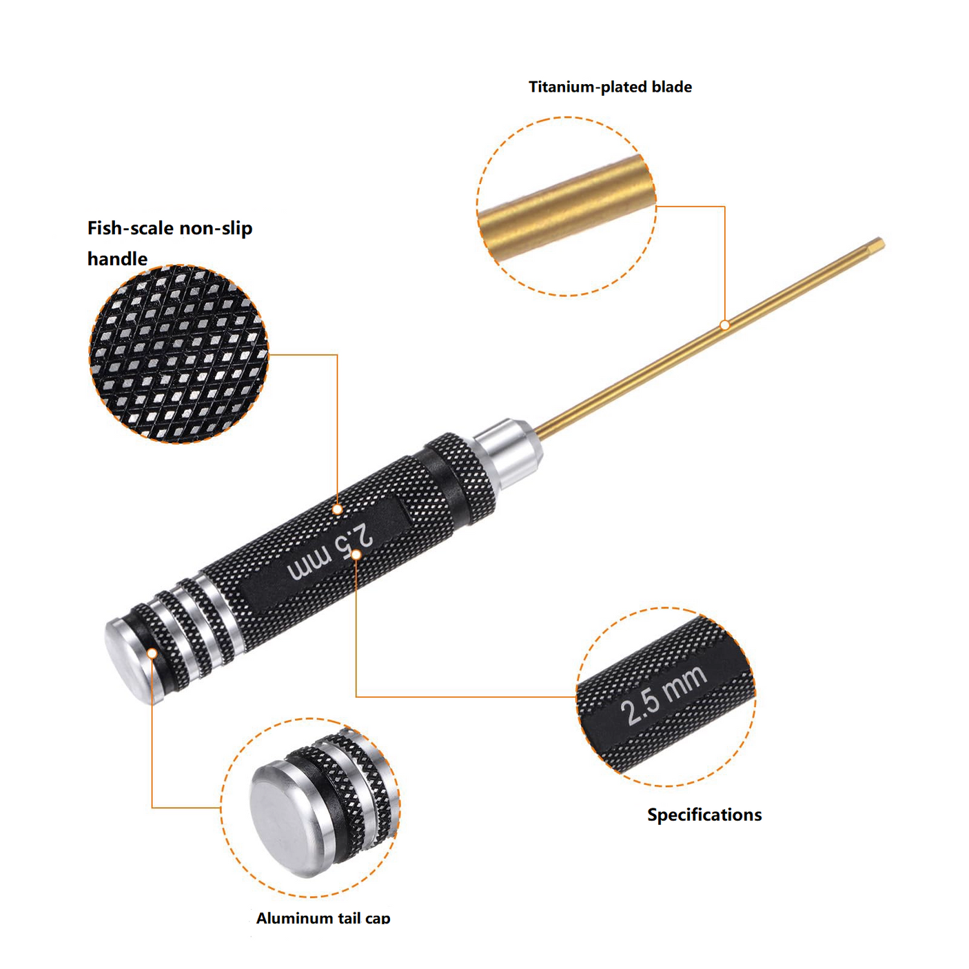 Black Round Titanium-Plated Hexagonal Screwdriver Set for model car and ship Repair(7PCS)