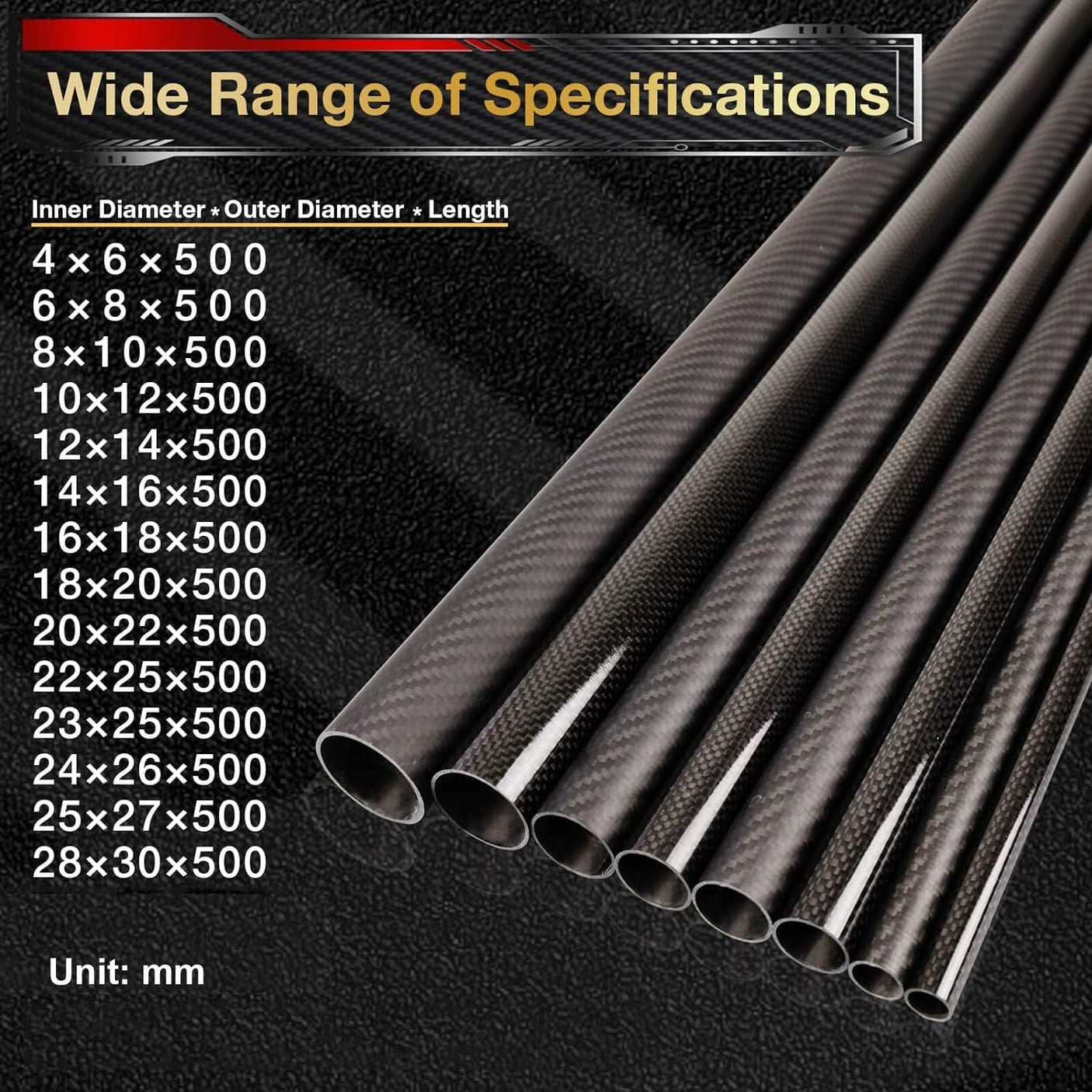 26mm O.D. 24mm I.D. 26x24x500mm 26mm 3K Roll Wrapped 100% Pure Round Carbon Tubes (2 PCS)