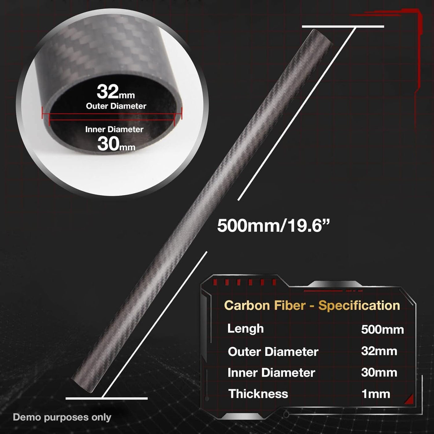 50mm O.D. 47mm I.D. 50x47x500mm 50mm 3K Roll Wrapped 100% Pure Round Carbon Tubes (2 PCS)