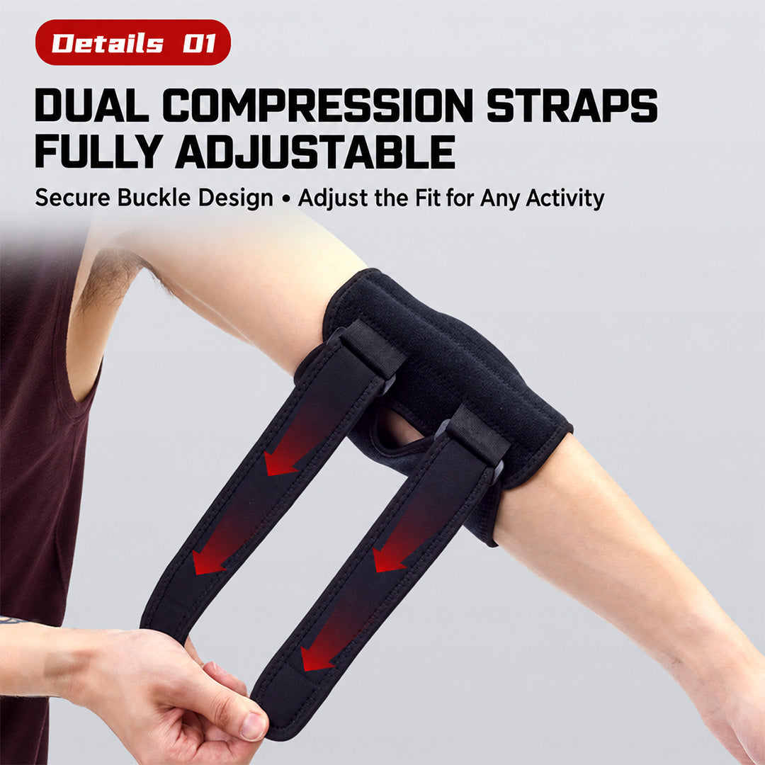 RCWING Adjustable Elbow Brace with Dual Compression Straps, Spring Support and Impact-Absorbing Pad