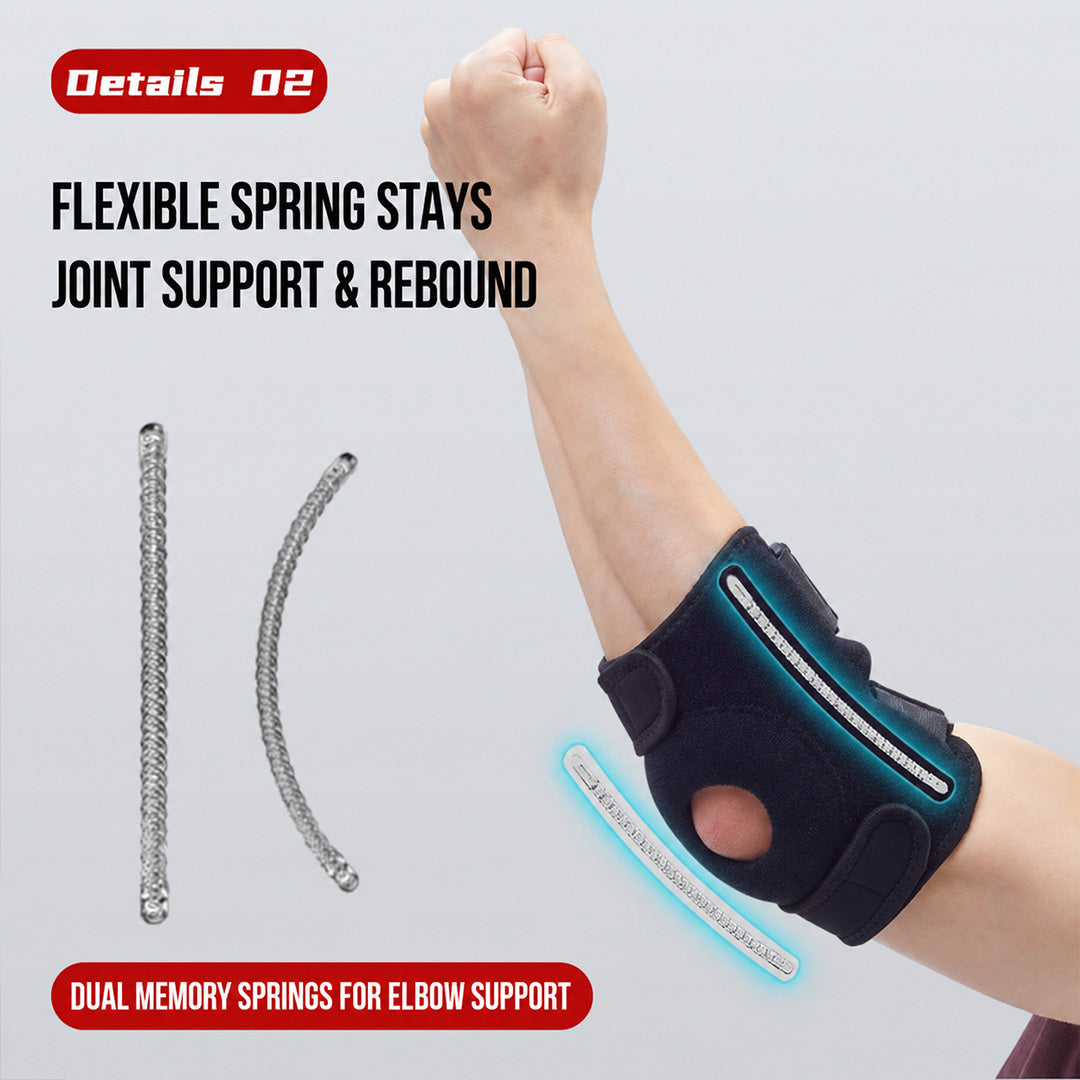 RCWING Adjustable Elbow Brace with Dual Compression Straps, Spring Support and Impact-Absorbing Pad