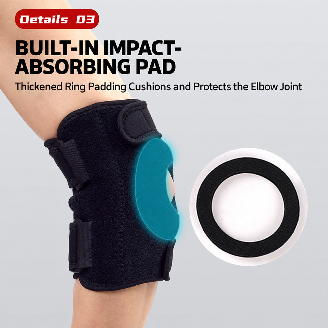 RCWING Adjustable Elbow Brace with Dual Compression Straps, Spring Support and Impact-Absorbing Pad