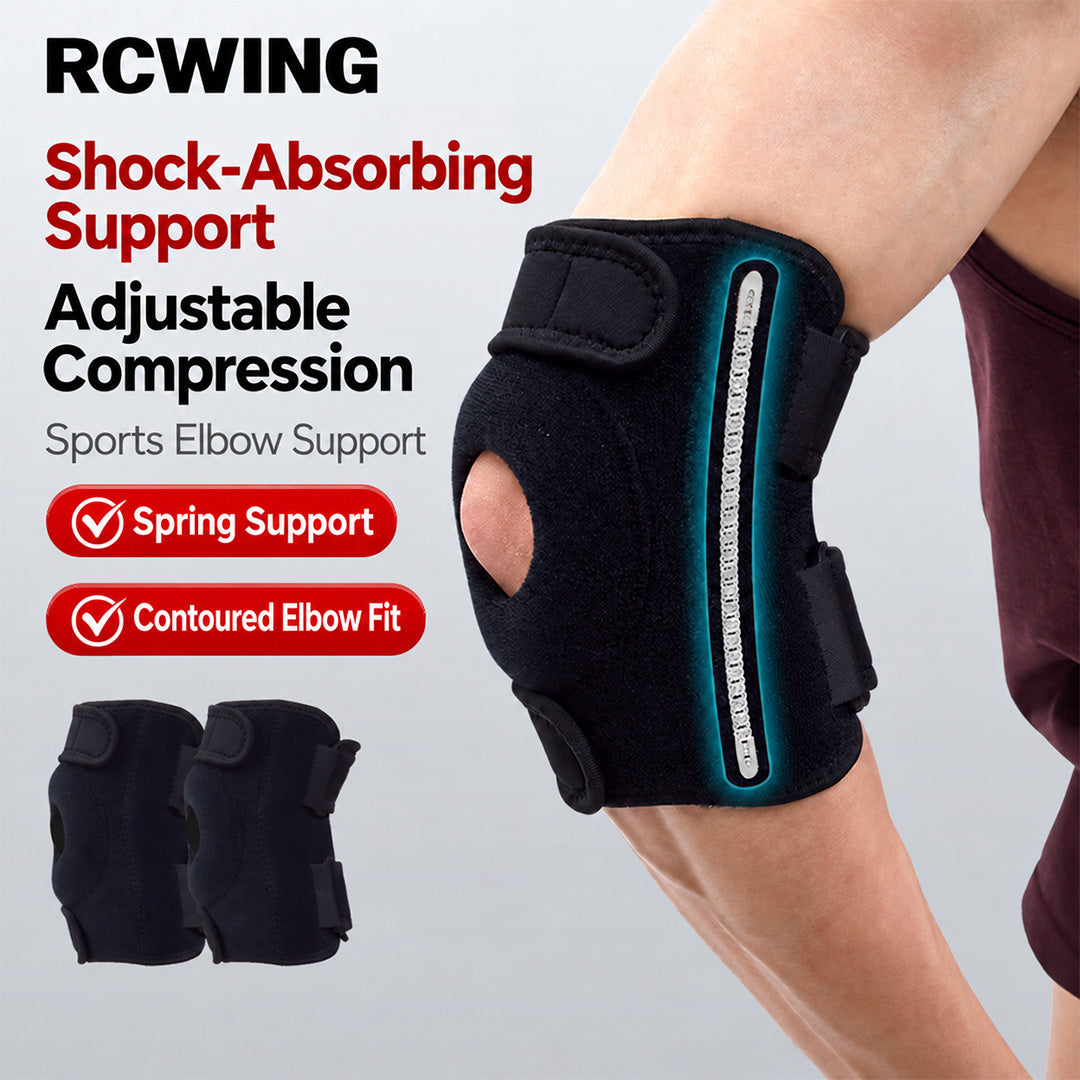 RCWING Adjustable Elbow Brace with Dual Compression Straps, Spring Support and Impact-Absorbing Pad